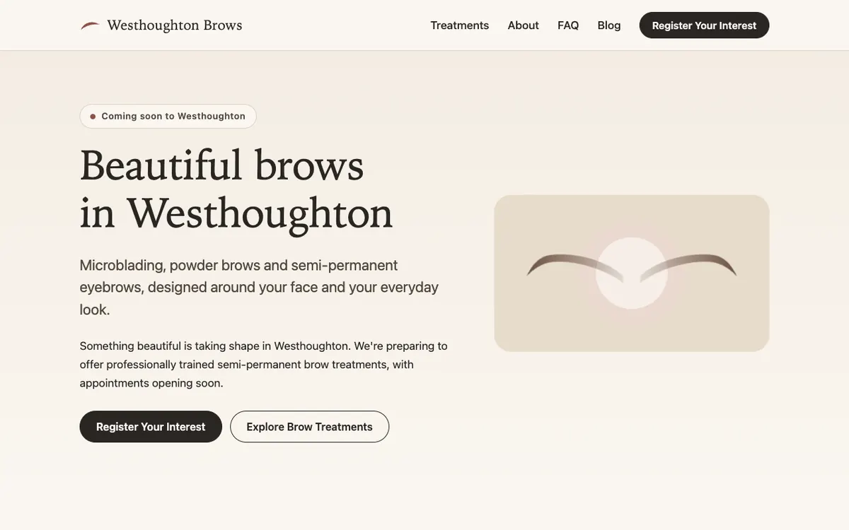 Home page of the Westhoughton Brows website on a desktop screen, with the headline Beautiful brows in Westhoughton and a Coming soon badge