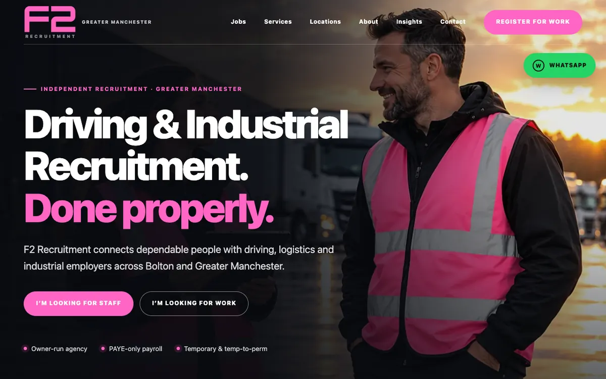Home page of the F2 Recruitment website on a desktop screen, showing a smiling worker in a pink hi-vis vest and the headline Driving and Industrial Recruitment, Done properly