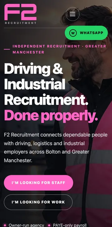 The same F2 Recruitment home page on a phone screen