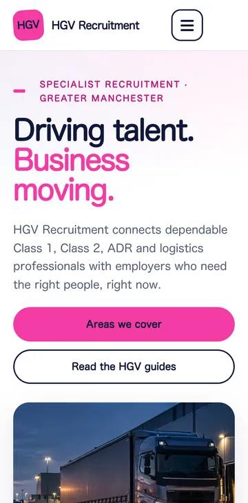 The same HGV Recruitment home page on a phone screen