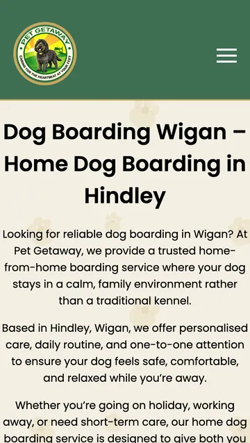 The same Pet Getaway home page on a phone screen